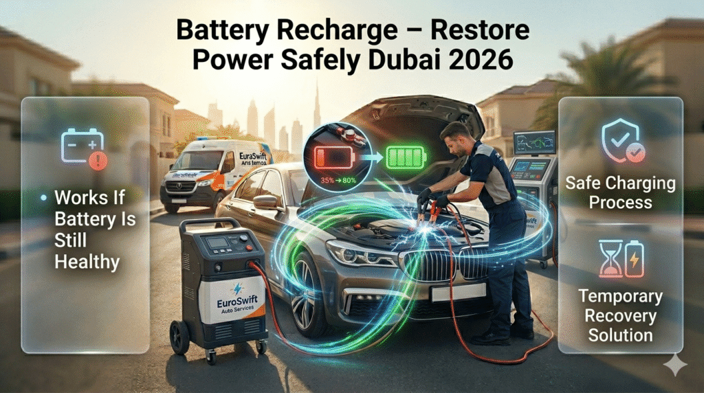 battery recharge Dubai showing car battery charging process with professional equipment