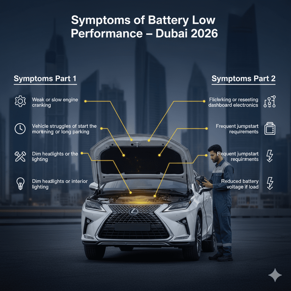 Infographic showing key symptoms of battery low performance in Dubai, with a technician inspecting a car battery and warning signs displayed on left and right sides.
