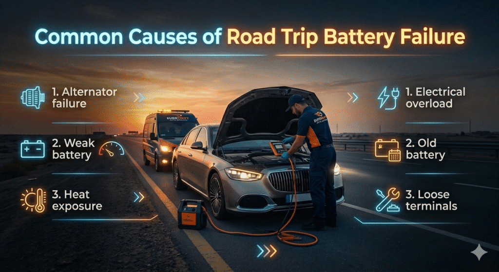 Common causes of road trip battery failure in Dubai showing alternator issue weak battery and roadside breakdown assistance