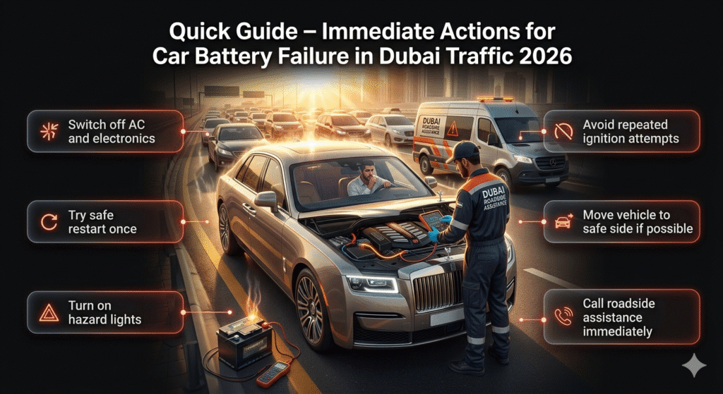 Infographic showing emergency roadside assistance in Dubai with a luxury car battery issue and quick action steps displayed around the image.
