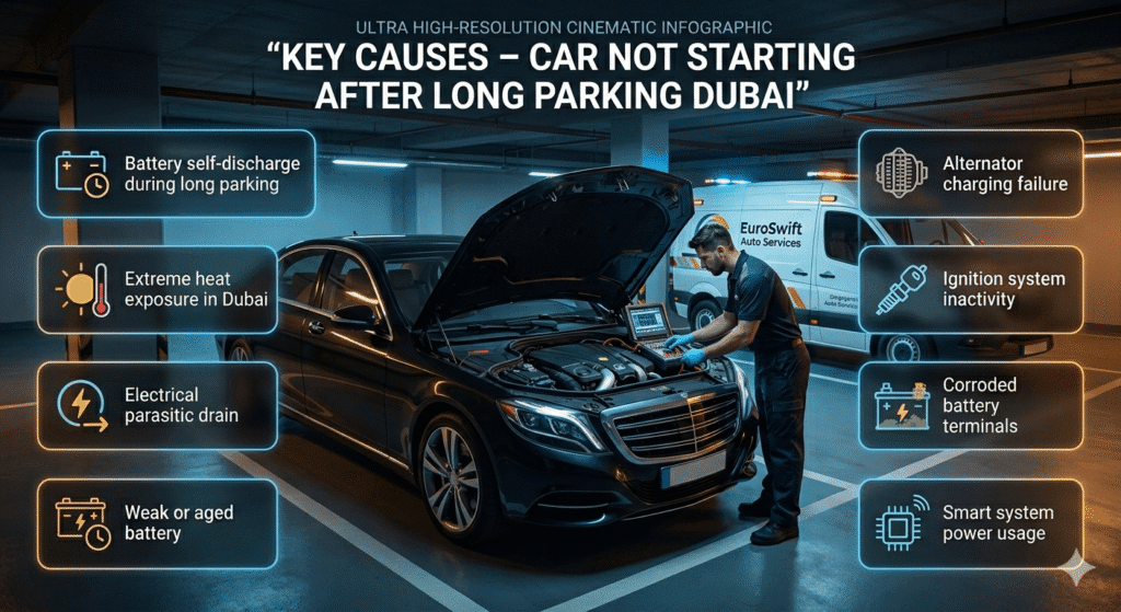 Car not starting after long parking in Dubai with technician diagnosing battery and electrical system causes