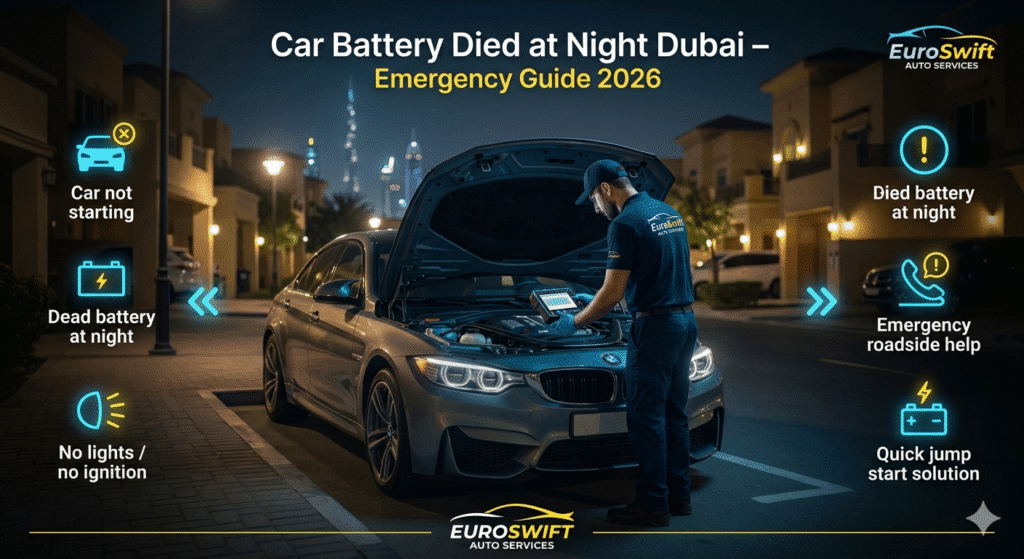 Car battery died at night Dubai with technician providing emergency roadside assistance in residential parking
