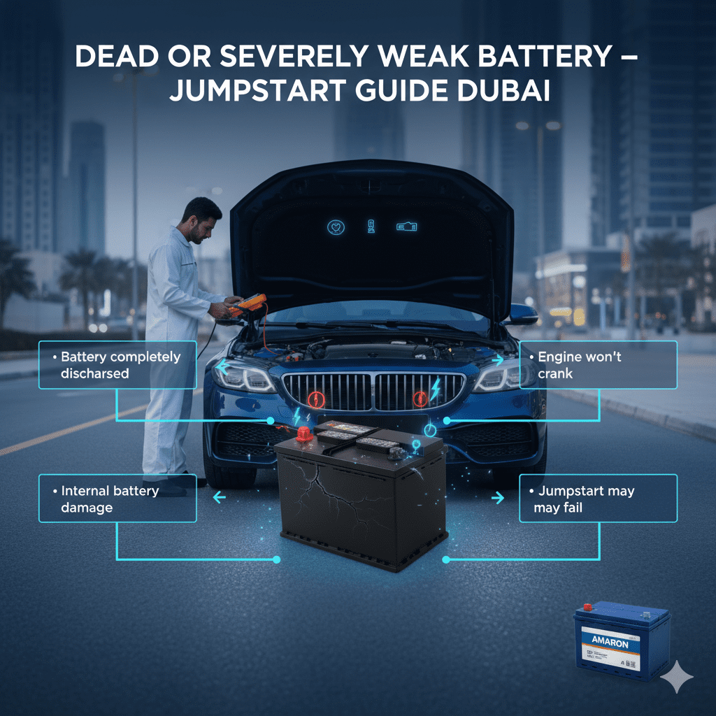 Infographic showing dead or severely weak car battery in Dubai preventing engine start, with low voltage indicators and premium battery replacement.