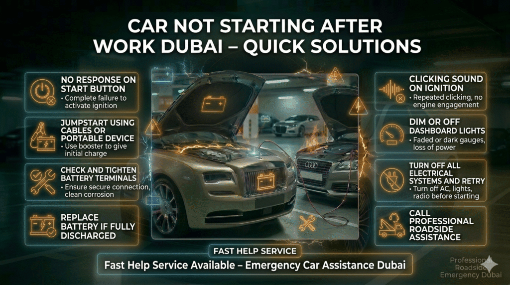 Quick solutions for car not starting after work Dubai including jumpstart, battery check, and roadside assistance