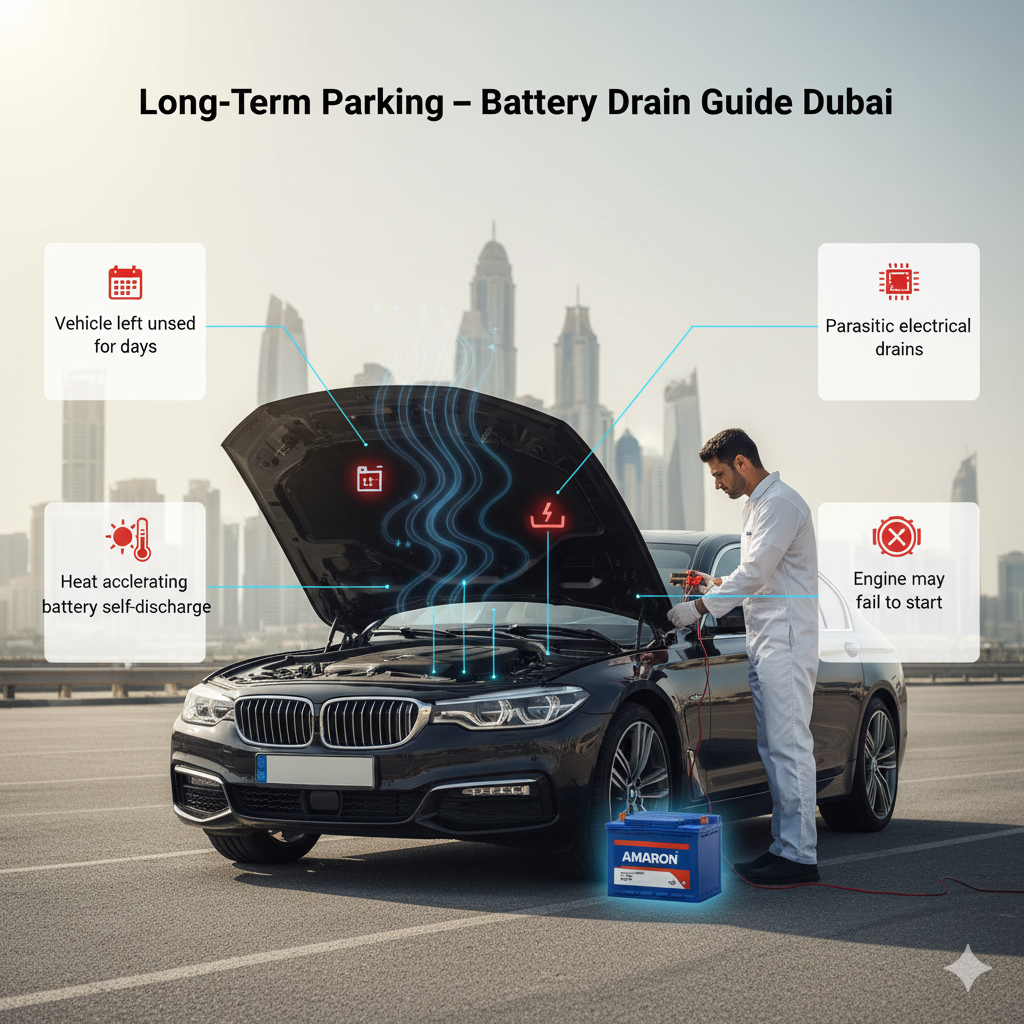 Long-Term Parking – Battery Drain Guide Dubai Infographic showing how long-term parking under Dubai heat can fully drain a car battery due to self-discharge and parasitic electrical drains, with premium battery replacement option.