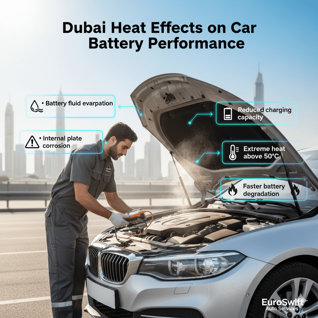 Dubai heat effects on car battery showing extreme temperature impact on battery performance with key heat damage points around the image.