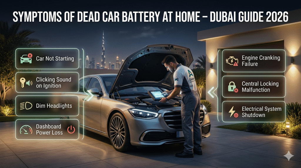 Symptoms of Dead Car Battery at Home Dubai – Complete User Guide 2026 Luxury car at home in Dubai showing mobile mechanic diagnosing dead battery symptoms with infographic list of starting and electrical failure signs.