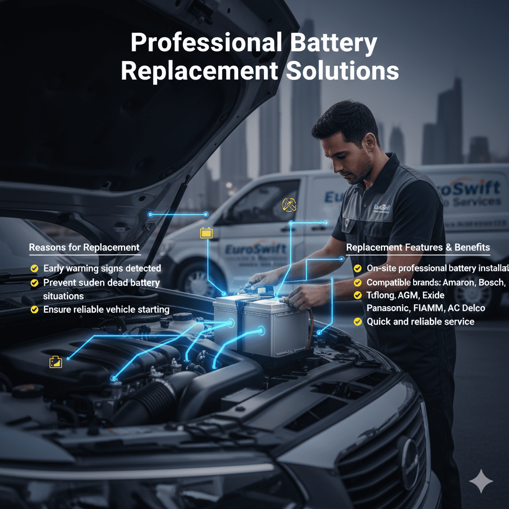 Infographic showing professional car battery replacement solutions in Dubai with on-site installation, premium brands, and restored vehicle power.