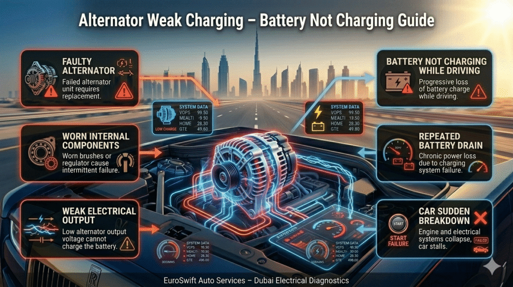 Car alternator weak charging diagram showing insufficient power flow to battery causing charging failure and car breakdown in Dubai.