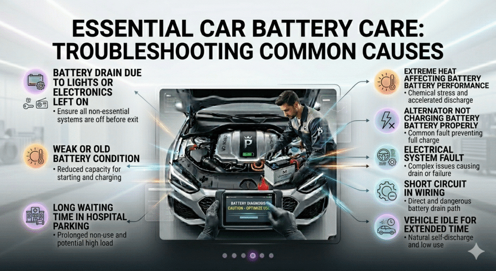 Common Causes of Battery Died at Hospital Parking Dubai User guide image showing common causes of battery failure in hospital parking Dubai with a premium car in the center and key causes listed on both sides.