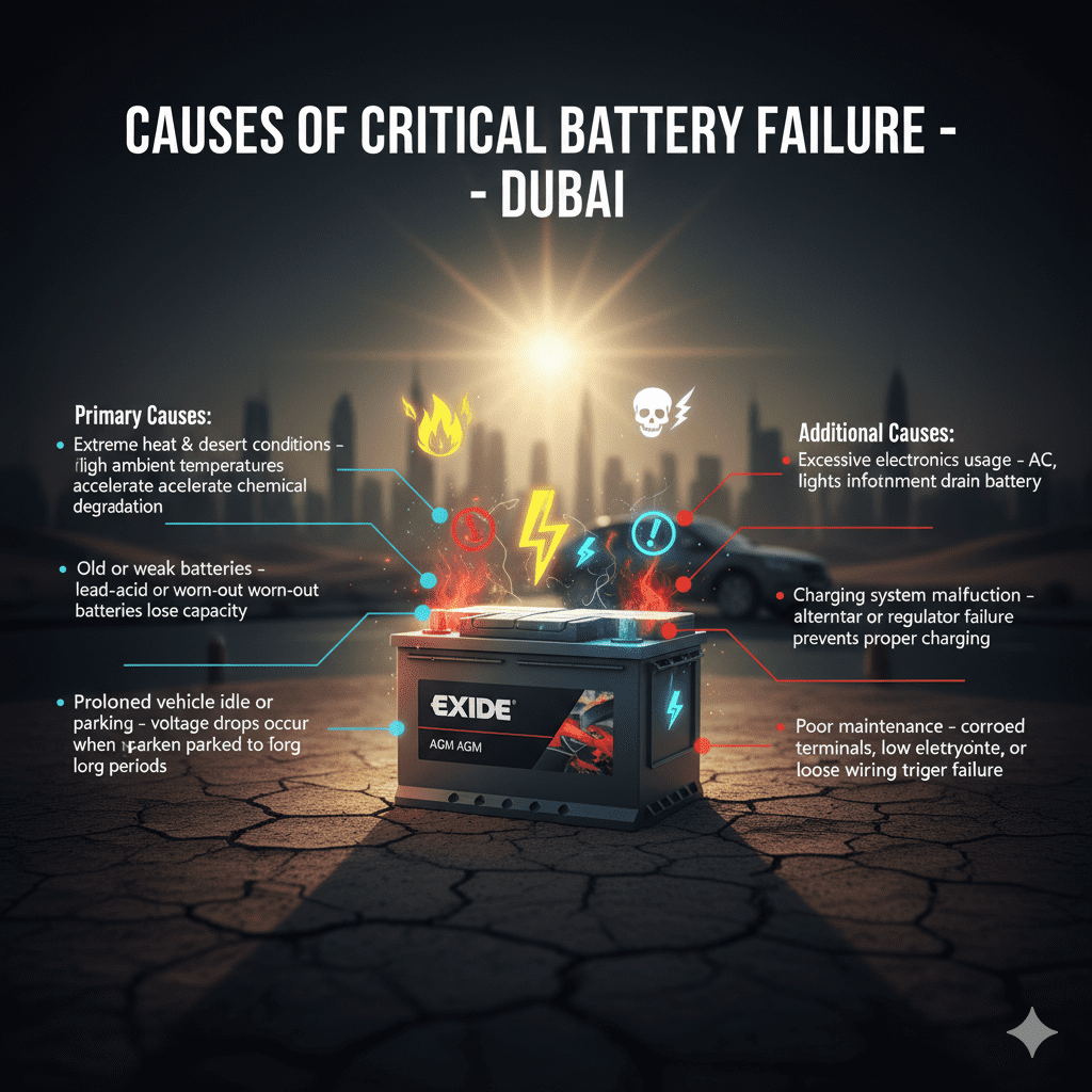 Infographic showing the causes of critical car battery failure in Dubai, with a central battery displaying warning signs and side bullet points highlighting heat, weak batteries, parking, electronics use, charging system issues, and poor maintenance.