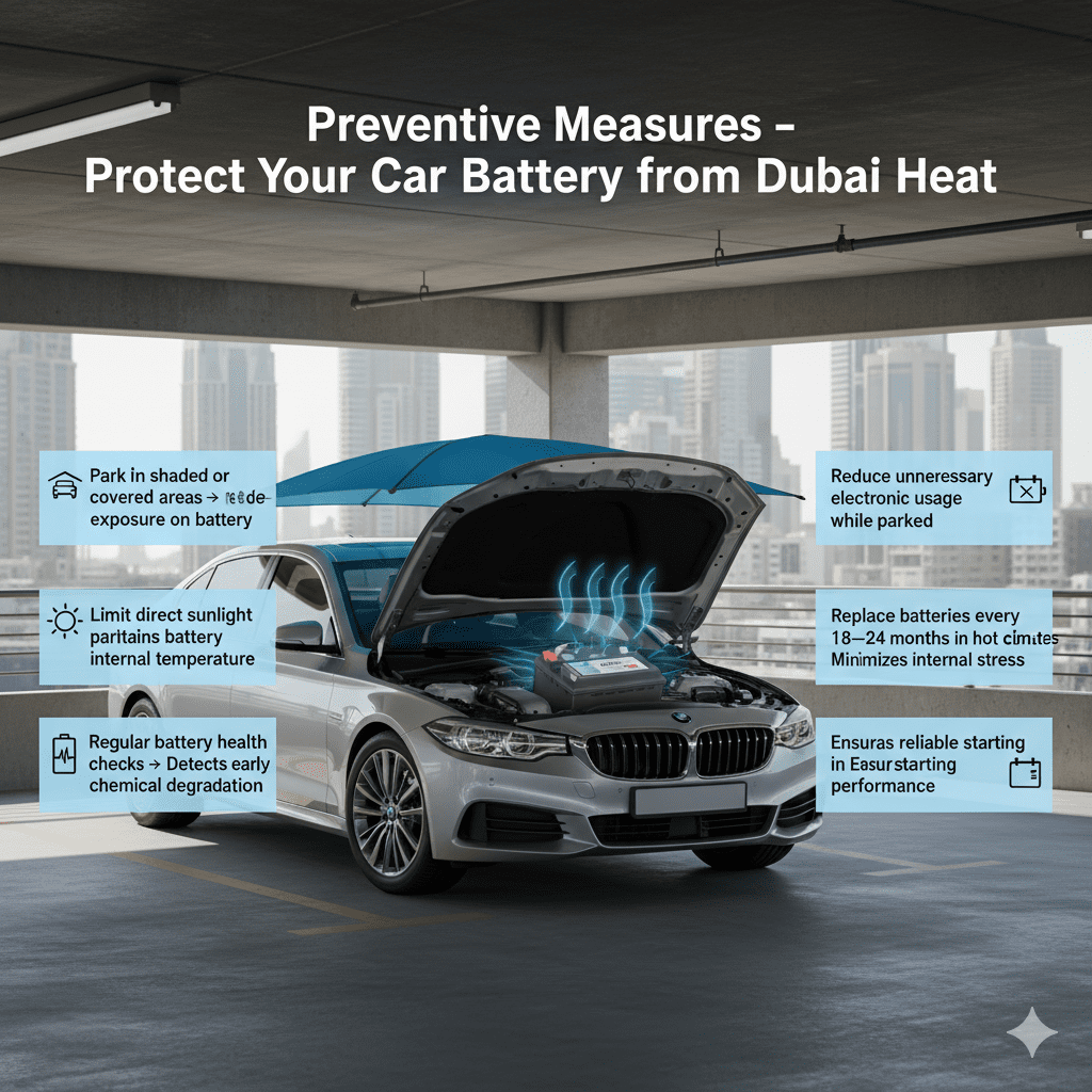 Infographic showing preventive measures for car batteries in Dubai heat, highlighting shaded parking, limited sun exposure, regular battery checks, reduced electronics use, and timely battery replacement.