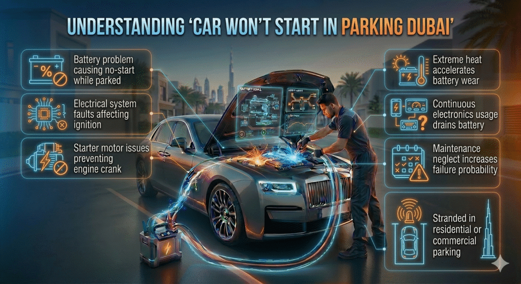 Luxury car in Dubai parked while technician performs jumpstart, with animated infographic bullets on sides showing causes like battery, electrical, starter system issues, heat, and maintenance neglect