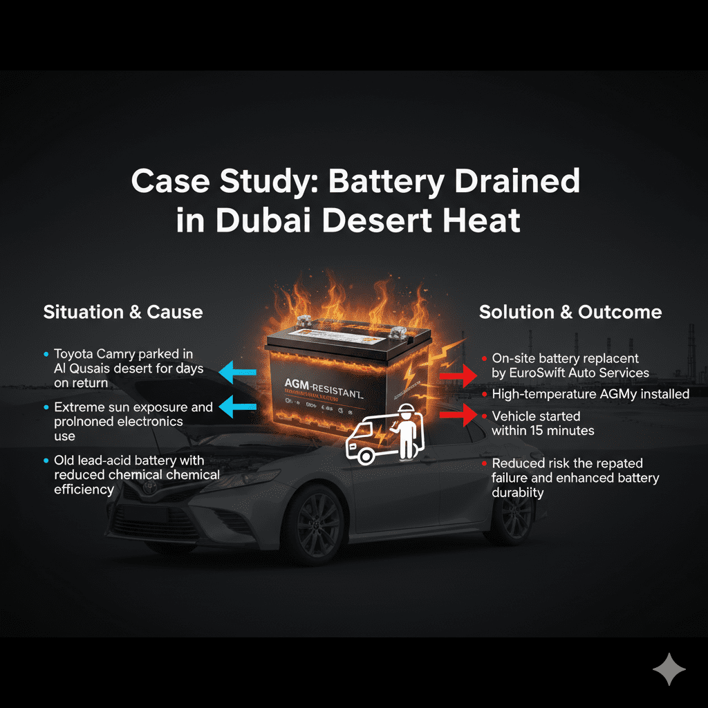 Infographic showing a case study of a Toyota Camry battery drained in Dubai desert heat, with on-site replacement and side bullet points highlighting cause, solution, and outcome.