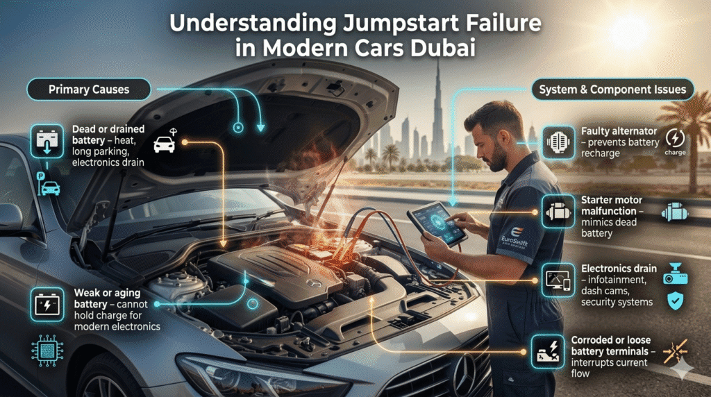 Modern car jumpstart failure in Dubai with battery and electrical system inspected by technician; causes including drained battery, weak battery, alternator, starter motor, electronics drain, and corroded terminals highlighted.