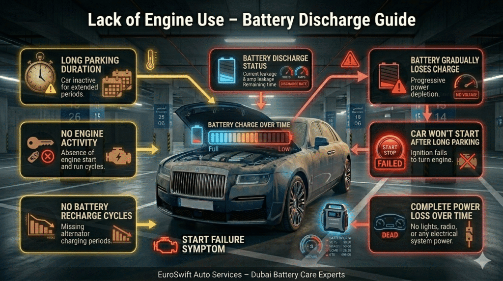 Car parked for long time in underground parking showing battery discharge due to lack of engine use and inactivity.