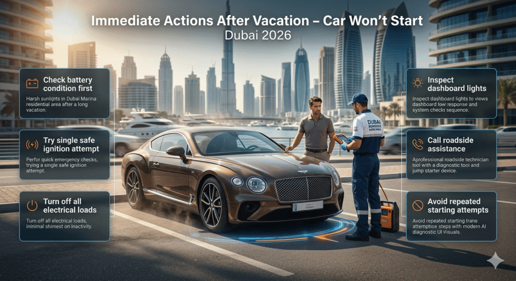 Infographic showing luxury car emergency situation in Dubai with driver and technician performing quick actions after vacation breakdown.