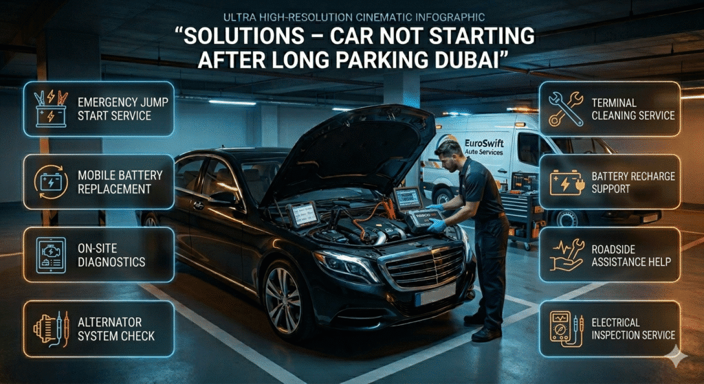 Car breakdown solution in Dubai parking with technician performing jump start and battery diagnostics
