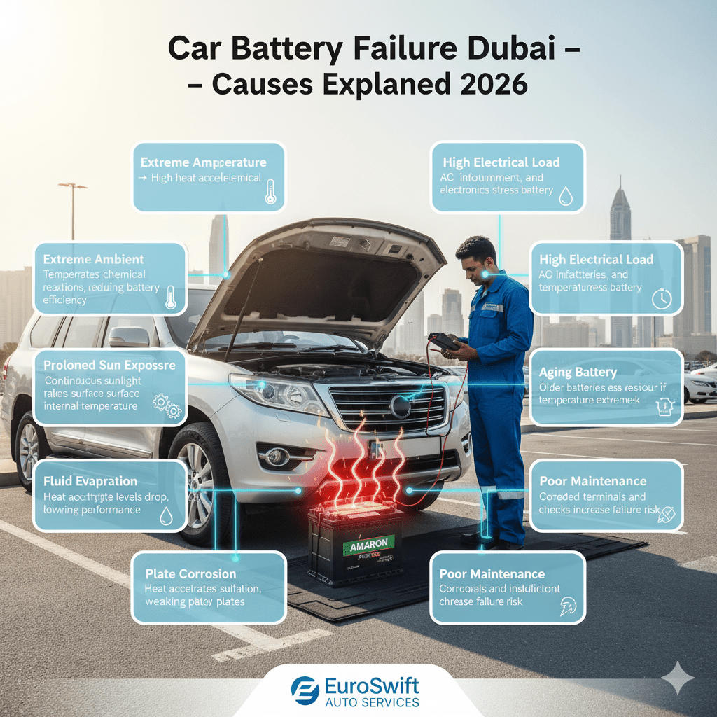 Infographic showing a Dubai car with hood open, a heat-stressed battery with glowing effects, a technician inspecting, and side points describing extreme temperature, sun exposure, fluid evaporation, plate corrosion, high electrical load, aging battery, repeated jumpstarts, and poor maintenance.