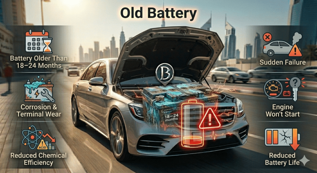 Luxury car in Dubai showing old battery with corrosion and high risk of sudden failure after 18–24 months