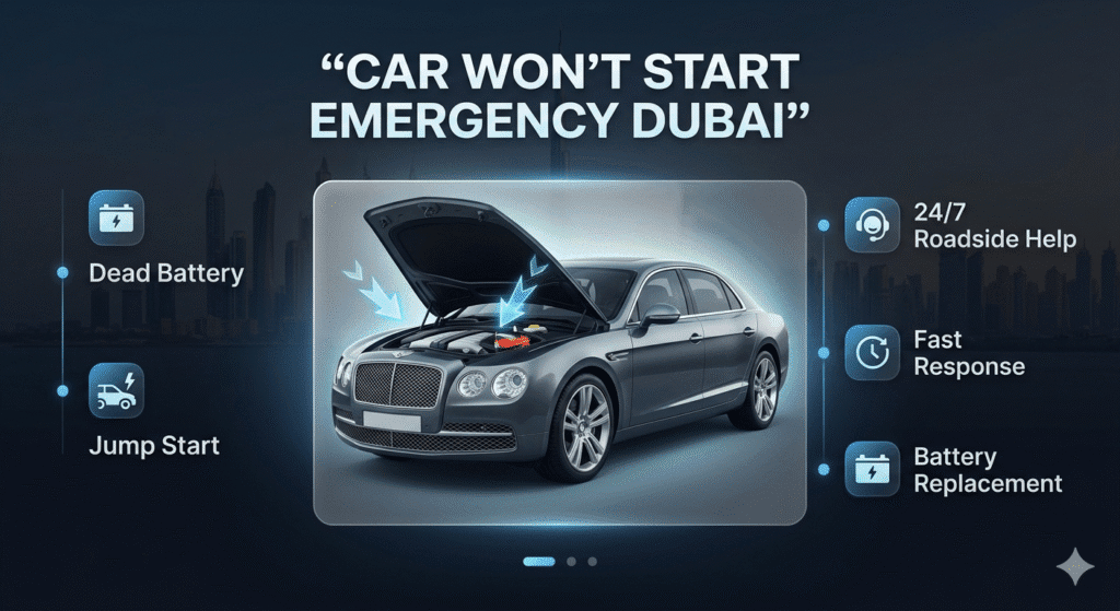 Car won’t start emergency Dubai guide showing battery problem, jump start solution, and roadside assistance steps with highlighted points
