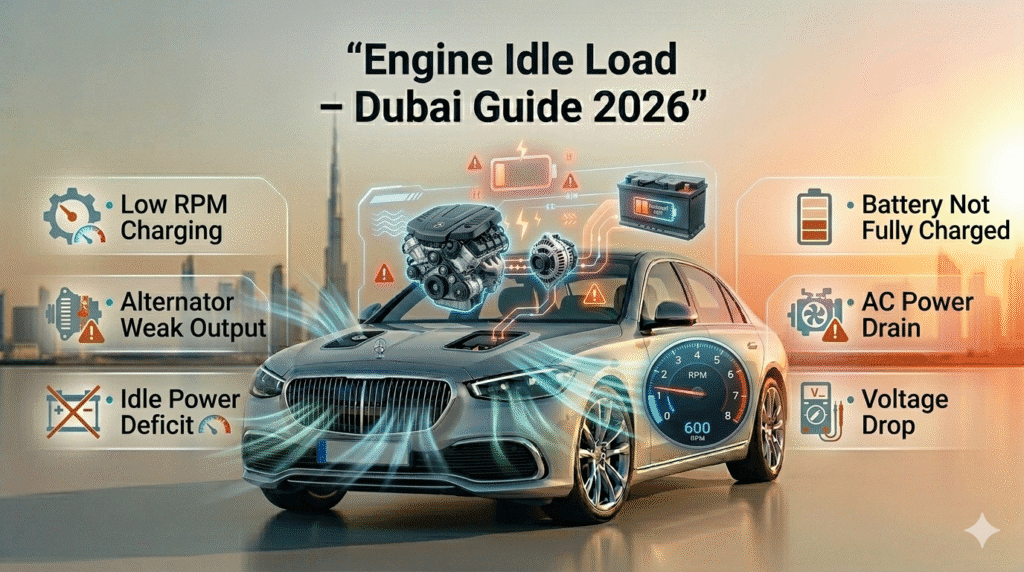 Car engine idle load showing weak alternator charging battery while AC is running in Dubai