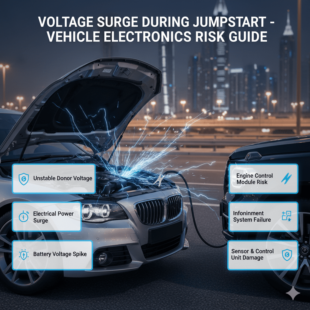 Voltage surge during car jumpstart showing unstable donor vehicle power causing electrical spikes affecting ECU, infotainment system, sensors, and control units.