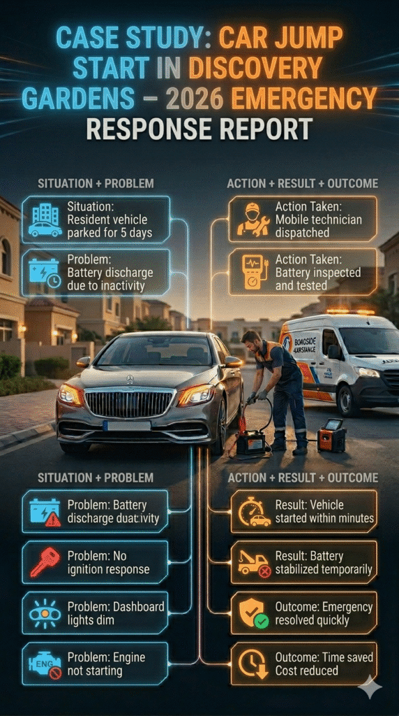 Case Study: Car Jump Start in Discovery Gardens โ 2026 Emergency Battery Recovery Report Cinematic infographic showing car jump start case study in Discovery Gardens with dead battery situation, mobile technician response, booster jump start, and successful vehicle restart.