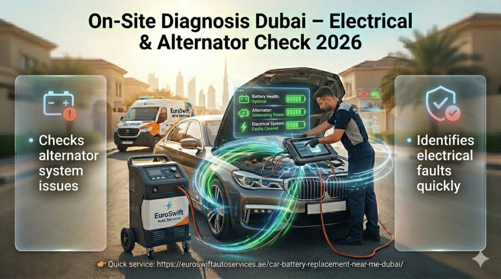 on-site diagnosis Dubai technician scanning car electrical system and alternator using diagnostic tool