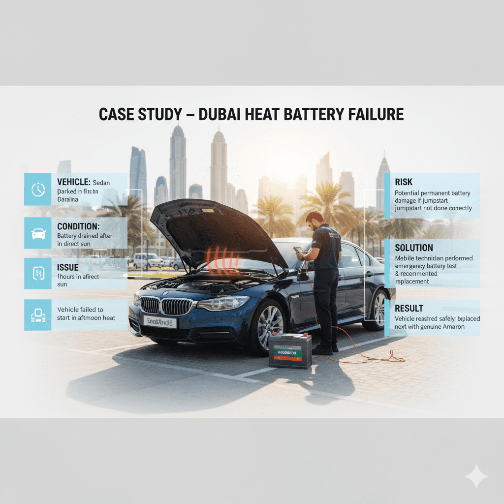 Infographic showing a sedan in Dubai Marina with a drained battery due to heat, a technician performing emergency battery test, and side points detailing condition, risk, solution, and result.
