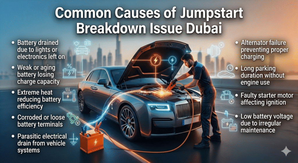 Common Causes of Jumpstart Breakdown Issue Dubai Luxury car in Dubai being jumpstarted by a technician, with animated infographic points on the sides showing main causes like battery drain, heat, alternator failure, and electrical faults