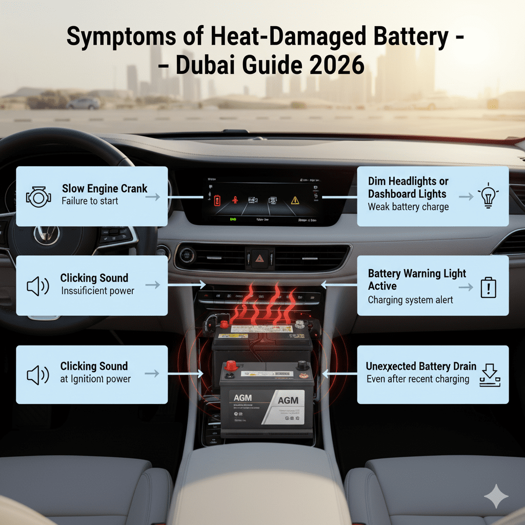 Infographic showing a car battery and dashboard in Dubai with warning signs like slow engine crank, clicking ignition, dim lights, battery warning light, and unexpected battery drain.