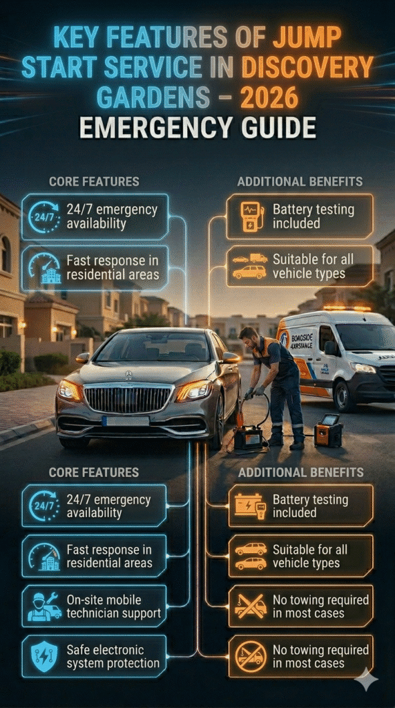 Key Features of Jump Start Service in Discovery Gardens โ 2026 Emergency Car Support Guide Cinematic infographic showing key features of jump start service in Discovery Gardens including 24/7 support, mobile technician, and safe battery boost assistance.
