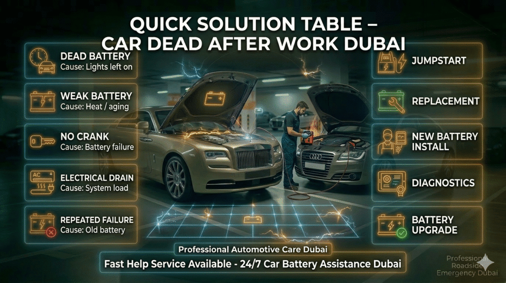 Quick solution table for car dead after work Dubai showing causes and immediate fixes for battery and electrical issues