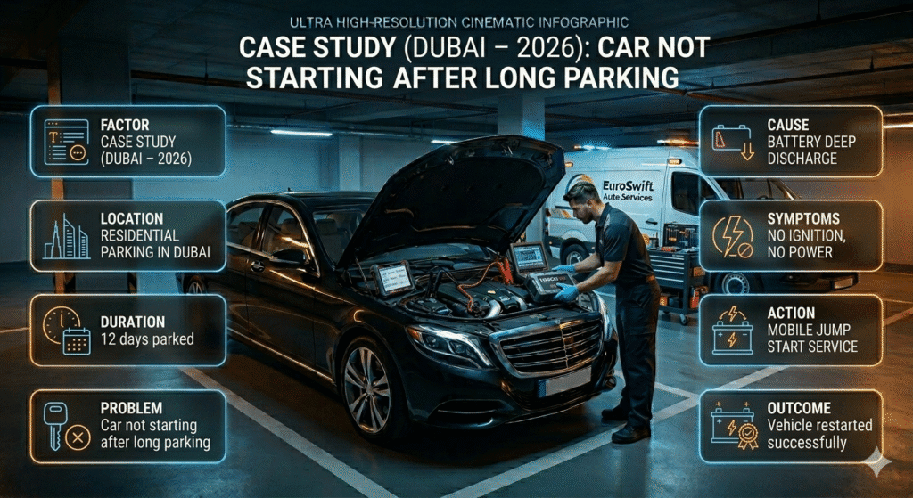 Car not starting in Dubai residential parking with technician performing jump start and battery replacement case study