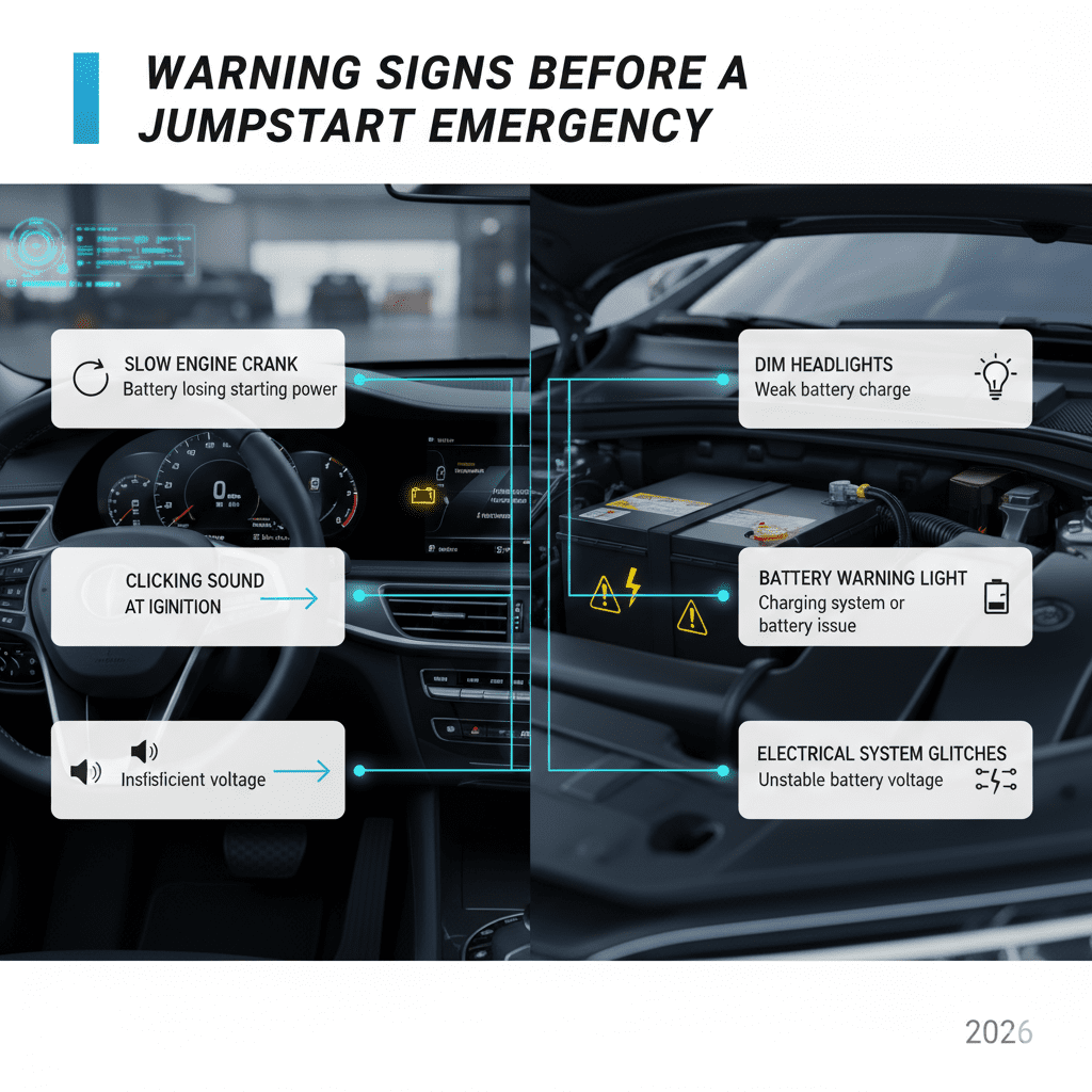 Infographic showing a car dashboard and battery highlighting early warning signs like slow engine crank, clicking ignition, dim headlights, and electrical glitches.