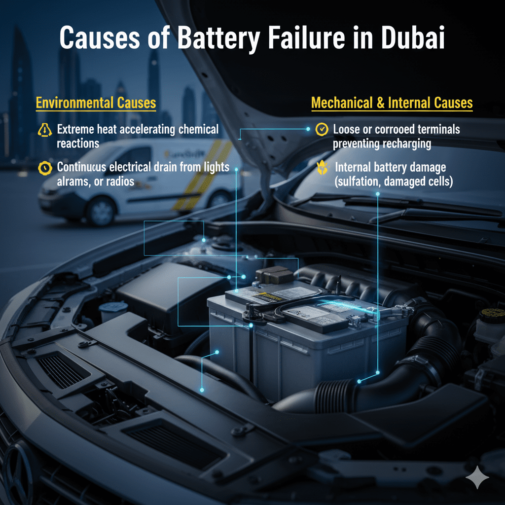 Infographic showing the main causes of car battery failure in Dubai, including extreme heat, electrical drain, corroded terminals, alternator failure, and internal battery damage.