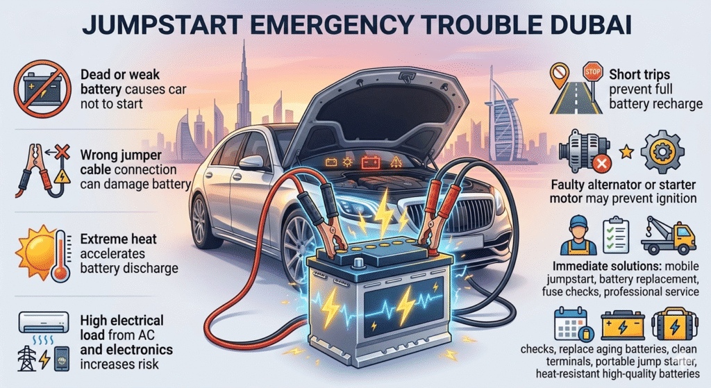 "Animated infographic showing jumpstart emergency trouble in Dubai, featuring a central car battery with jumper cables, luxury branded car, and key causes, solutions, and preventive tips displayed as bullet points on the sides."