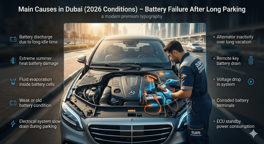 Infographic showing luxury car battery inspection in Dubai heat with main causes of battery failure after long parking displayed on sides.