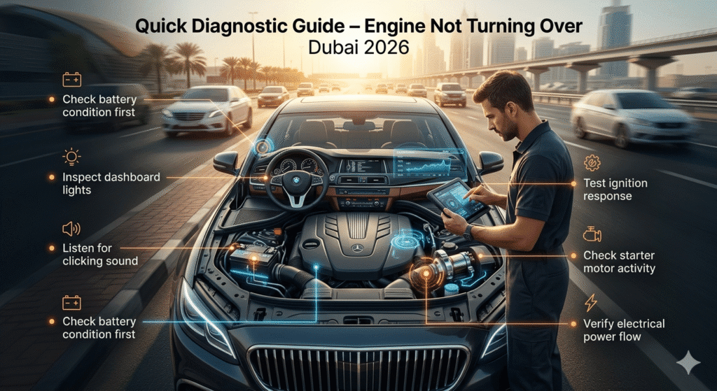 Infographic showing luxury car engine diagnostic process in Dubai heat with quick troubleshooting steps displayed around the image.