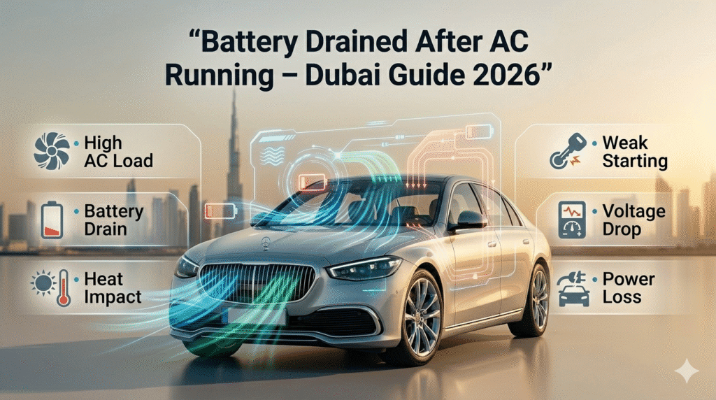 Car battery draining due to AC running in Dubai with airflow and power loss illustration