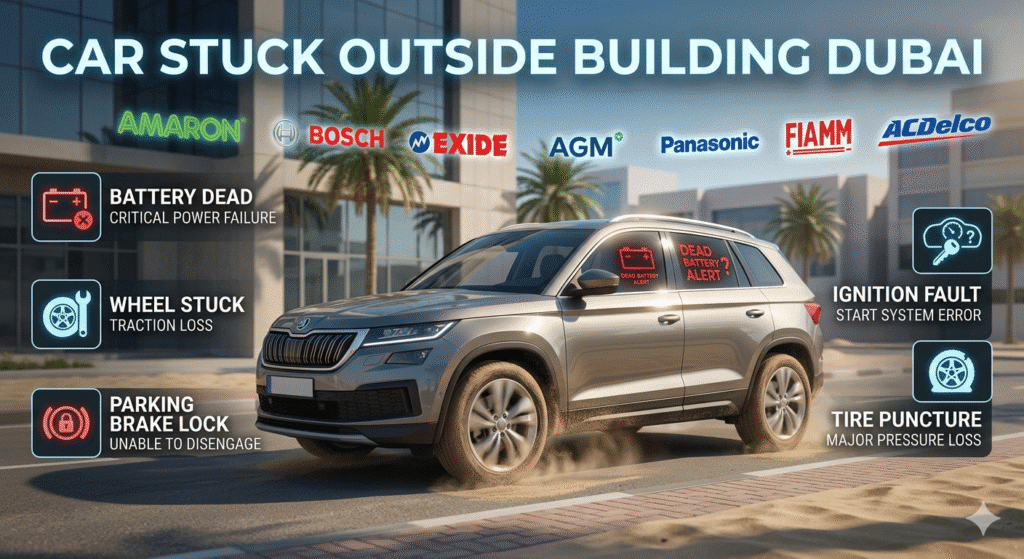 Feature image showing a car stuck outside a building in Dubai with dashboard battery alert, animated style Dubai street, side points showing causes like battery dead, wheel stuck, parking brake lock, ignition fault, tire puncture, and floating automotive brand logos (Amaron, Bosch, Exide, AGM, Panasonic, FIAMM, AC Delco) in the background.