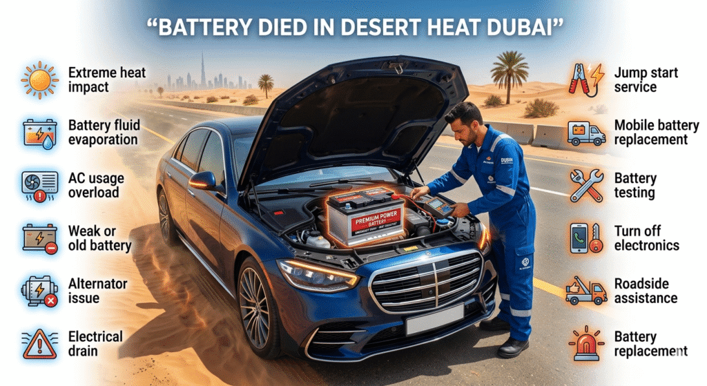Car battery failure in desert heat Dubai with solutions and emergency service