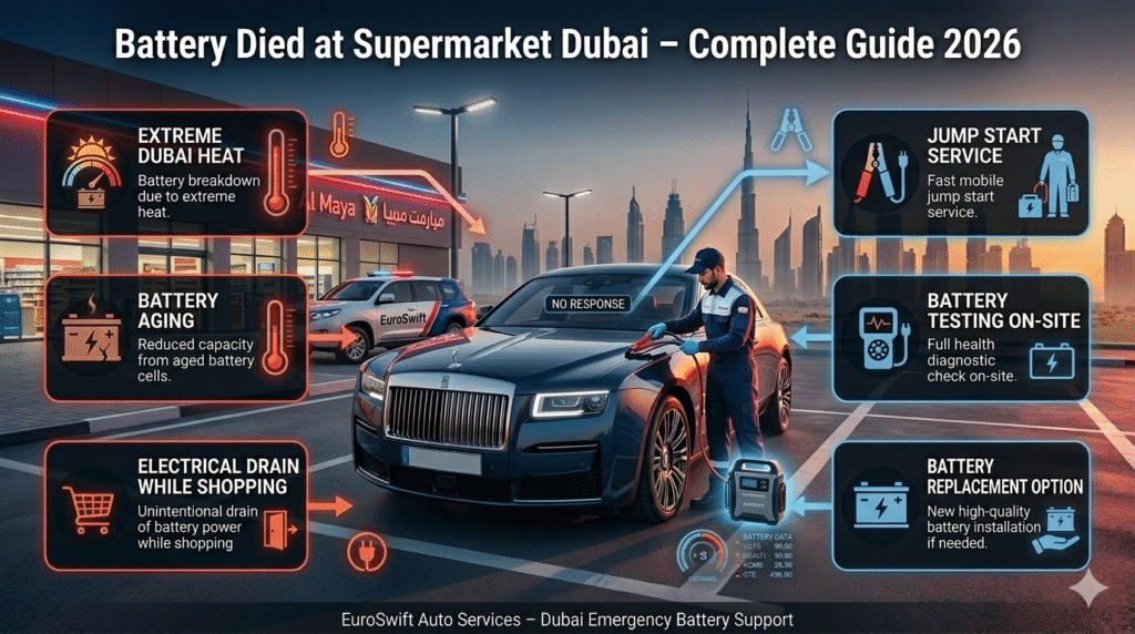 Car battery died in supermarket parking Dubai showing dead vehicle and mobile jump start service assistance in a modern parking environment.