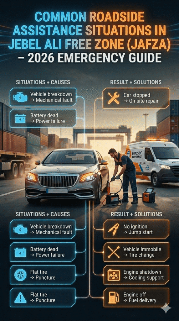 Cinematic infographic showing common roadside assistance situations in JAFZA including vehicle breakdown, battery dead, flat tire, overheating, and fuel shortage with solutions.