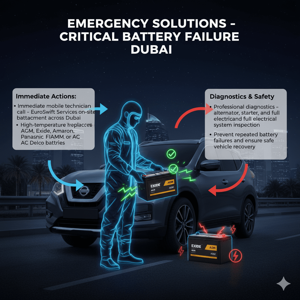 Infographic showing emergency solutions for critical car battery failure in Dubai, with a central battery being replaced by a EuroSwift Auto Services technician and side bullet points highlighting mobile call, high-temperature battery replacement, and professional diagnostics.