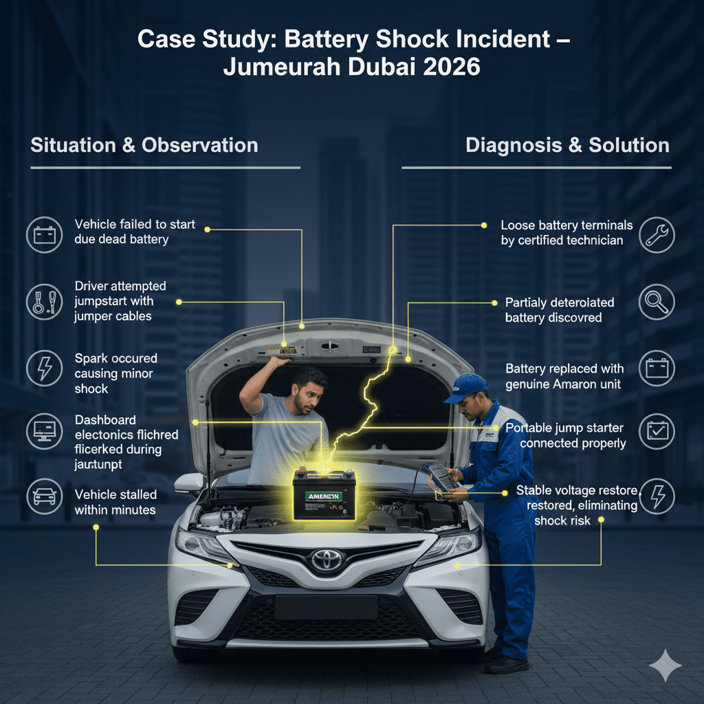 Infographic showing a battery shock case study in Jumeirah Dubai, with a Toyota Camry, minor spark, technician inspecting the battery, and steps to restore safe operation highlighted on left and right sides.