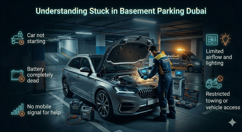 Understanding Stuck in Basement Parking Dubai Car immobilized in Dubai basement parking with dead battery and technician explaining underground parking situation