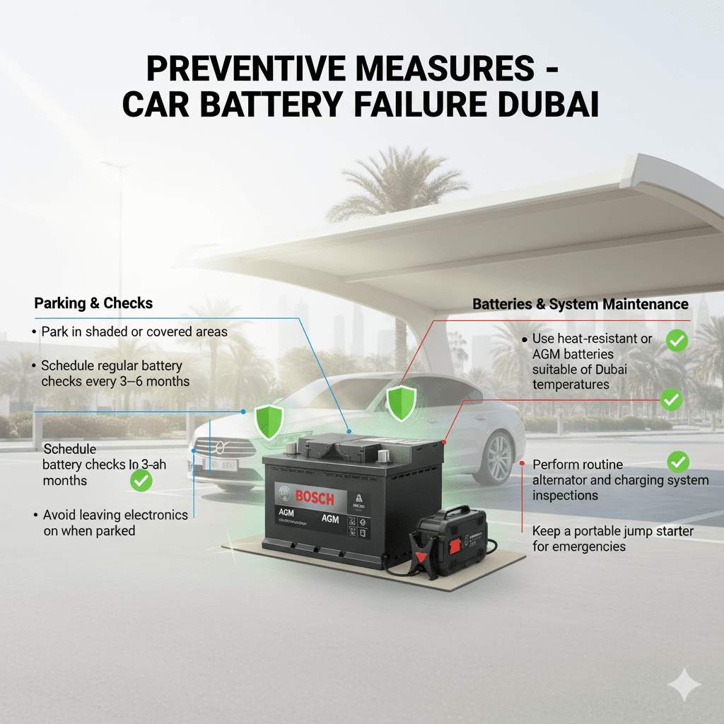 Infographic showing preventive measures for car battery failure in Dubai, with a central branded battery and side bullet points highlighting shaded parking, regular checks, heat-resistant batteries, alternator inspections, electronics management, and portable jump starter use.