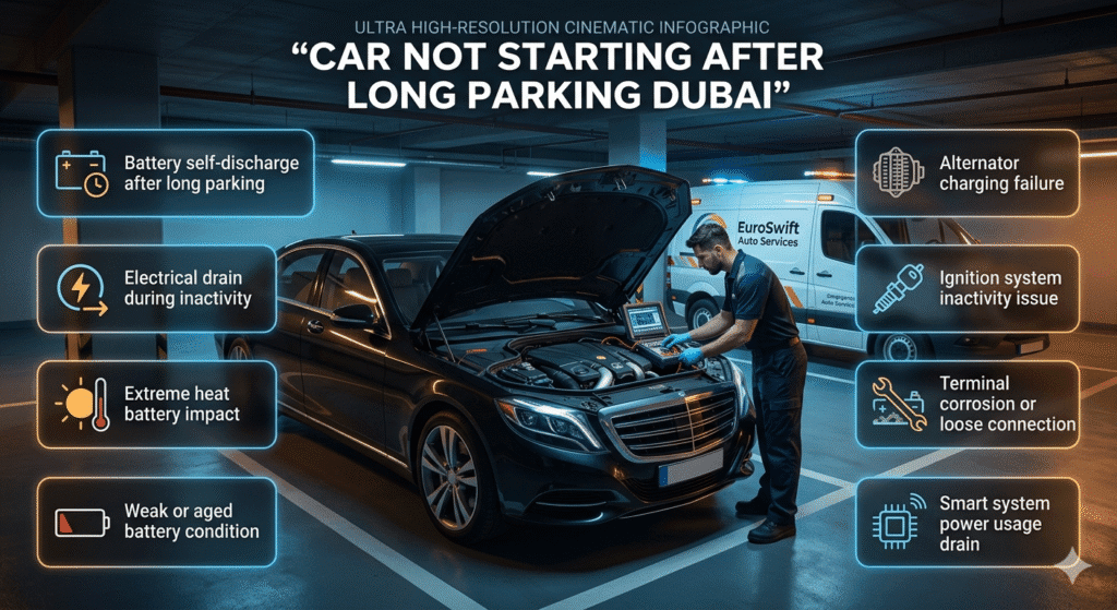 Car parked in Dubai not starting after long time with technician diagnosing battery and electrical system issue